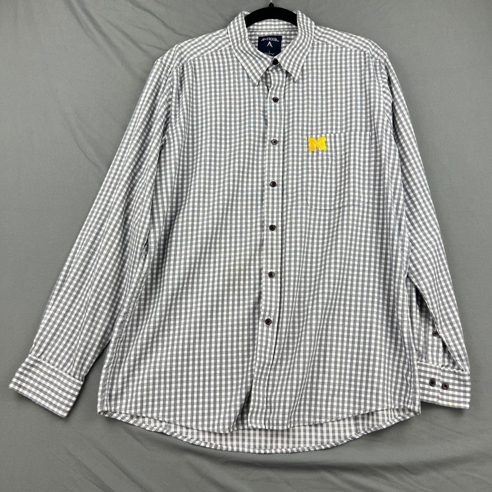 Michigan Antigua Shirt Mens Large Gingham Button Down Navy White NCAA Excellent